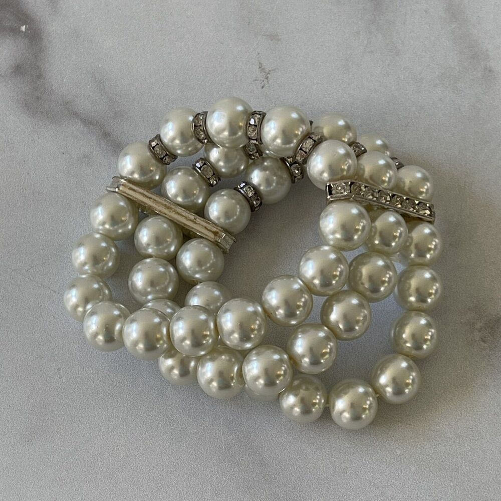 3 Strand Faux Pearl Clear Rhinestone Bar Elastic Stretch Bracelet